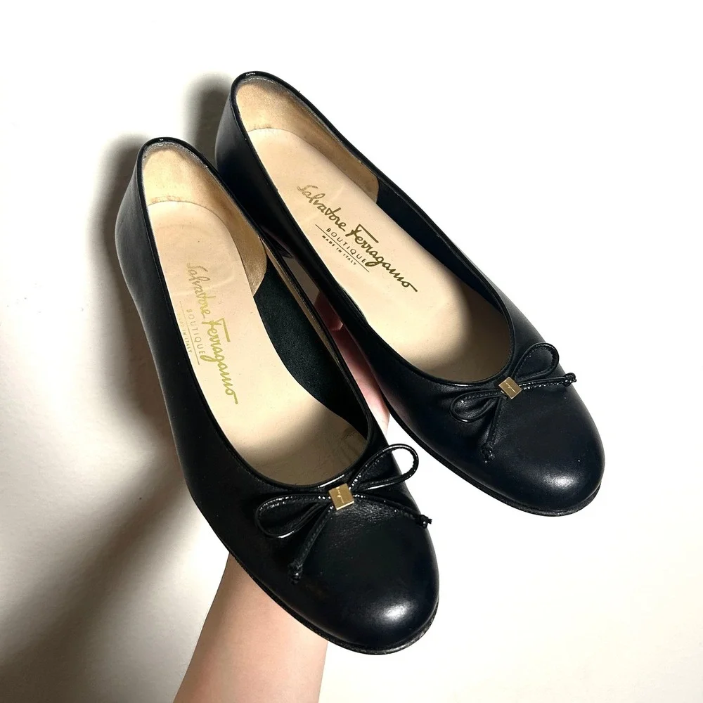 Salvatore Ferragamo Black Leather Bow Boutique Ballet Flat Shoes Womens 7 C
